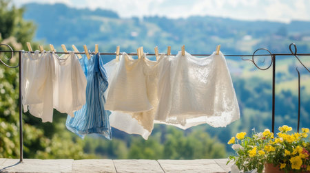 Fresh laundry hangs on a clothesline, gently swaying in the breeze, with a picturesque landscape featuring flowers and rolling hills in the background, evoking a serene vibe.の素材
