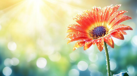 A vibrant orange flower adorned with dew drops sparkles in morning light, creating a serene and cheerful atmosphere against a soft, bokeh background. Perfect for nature enthusiasts.の素材