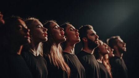 A diverse group of individuals passionately singing together, showcasing unity and emotional engagement in a captivating musical performance set against a dark backdrop.の素材