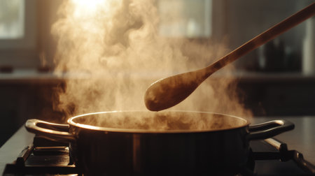 A serene kitchen scene showcasing a wooden spoon stirring a pot, with steam billowing in the air, capturing the essence of cooking and warmth in everyday meal preparation.の素材
