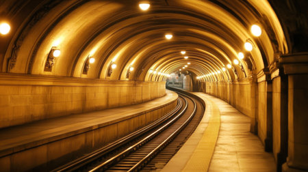 A captivating view of an underground train tunnel featuring warm lights and curving tracks, inviting contemplation about urban exploration and transportation dynamics.の素材
