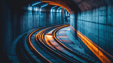 A captivating view of a subway tunnel featuring curved tracks bathed in ambient light, illustrating the dynamic and mysterious essence of urban transportation.の素材
