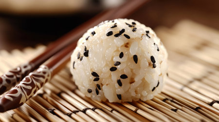 A beautifully arranged rice ball with black sesame seeds rests on a bamboo mat, accompanied by decorative chopsticks. Perfect for food enthusiasts and culinary art.の素材