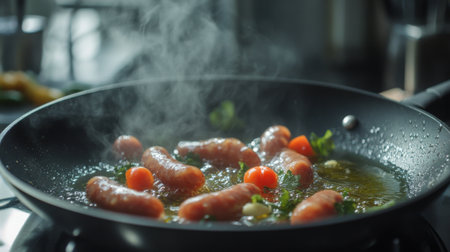 Sausages sizzling in a frying pan with steam billowing upward, surrounded by fresh vegetables, creating a warm and inviting atmosphere in a home kitchen.の素材