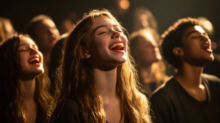 A vibrant scene capturing youthful faces filled with joy during a live concert, highlighting their emotions and passion for music in an electrifying environment.の素材