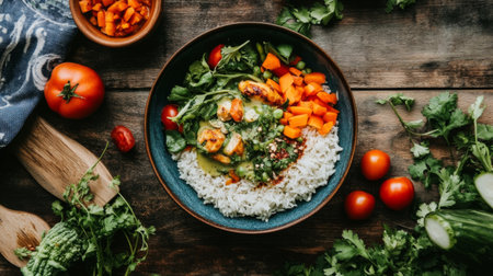 A beautifully arranged plate featuring rice and grilled chicken, complemented by vibrant vegetables and fresh herbs, ideal for culinary inspiration and healthy eating.の素材