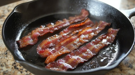 Mouth-watering image of bacon strips frying in a cast iron skillet. Perfect for food blogs, recipes, or culinary promotions showcasing delicious breakfast options.の素材