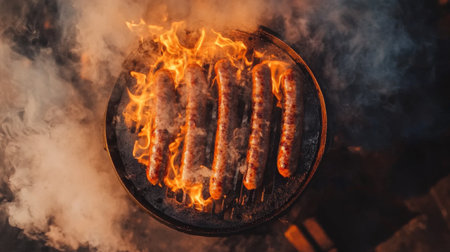 Savor the essence of summer with these juicy sausages grilling over vibrant flames, enveloped in aromatic smoke, perfect for any outdoor gathering or barbecue party.の素材