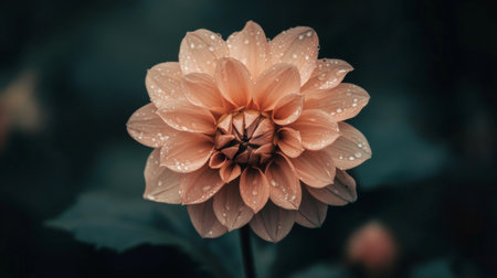A beautiful peach dahlia flower adorned with dew drops enhances the serene beauty of nature. Set against a dark green background, it captivates with its intricate layers and soft textures.の素材