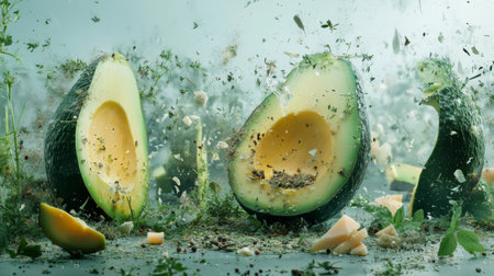 This striking image showcases an explosion of an avocado surrounded by fresh herbs, emphasizing a vibrant food scene filled with energy and dynamic textures.の素材