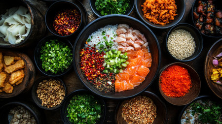 A vivid array of fresh ingredients for Asian cuisine presented in bowls on a rustic wooden table, showcasing vibrant colors and textures perfect for cooking.の素材