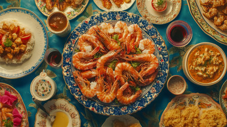 A vibrant seafood platter featuring freshly cooked shrimp surrounded by an array of exotic dishes. Perfect for showcasing culinary traditions.の素材