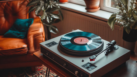 A vintage turntable with a spinning vinyl record sits gracefully in a cozy living room, surrounded by plants and warm decor, creating a nostalgic atmosphere.の素材
