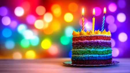 A vibrant layered cake adorned with colorful frosting and lit candles sits on a charming plate, set against a delightful bokeh background that enhances the festive atmosphere.の素材