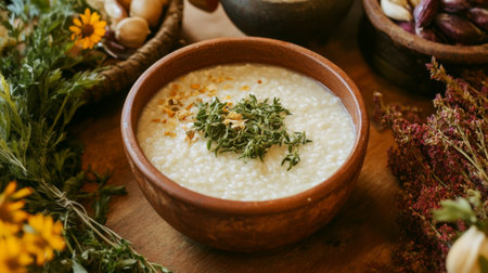 A beautifully styled bowl of creamy rice pudding garnished with fresh thyme and surrounded by colorful herbs and edible flowers, perfect for food photography.の素材