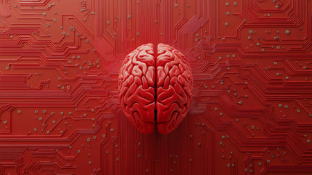 A striking image of a human brain against a vibrant red circuit board symbolizing the fusion of technology and biology. This visual captures innovation and creativity.の素材