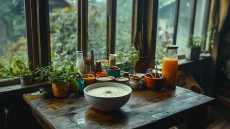 A cozy kitchen table displaying a delicious dish in a bowl, surrounded by fresh ingredients, herbs, and a glass of orange juice, creating a warm atmosphere.の素材