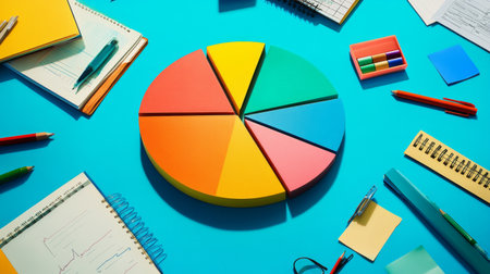 Vibrant pie chart placed on a bright blue desk surrounded by various stationery items such as pens, markers, and notebooks, perfect for educational or business settings.の素材