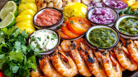 This vibrant seafood platter features grilled shrimp alongside fresh tomatoes, onions, lime, and homemade salsas. Perfect for gatherings or special occasions.の素材
