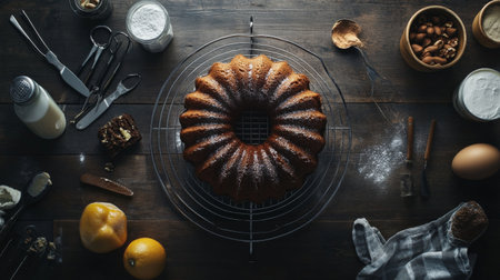 A beautifully baked Bundt cake sits on a cooling rack, surrounded by various baking ingredients and tools on a rustic wooden table, creating a warm and inviting scene for food enthusiasts.の素材