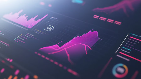 Explore a vibrant digital interface showcasing data visualization with colorful graphs and charts, ideal for business analysis and reporting purposes.の素材