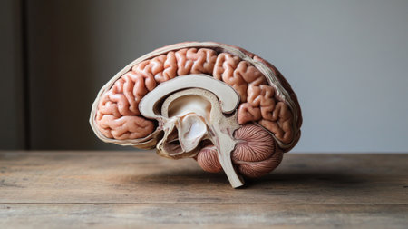 A detailed anatomical model of the human brain displayed on a wooden table. Perfect for educational purposes, this image highlights various brain structures for study and research in science and medicine.の素材