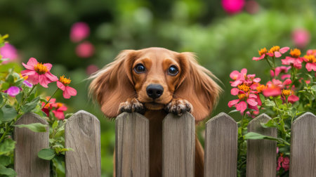 A charming dachshund dog peeks over a weathered wooden fence, surrounded by vibrant flowers in a lush garden. This captivating scene captures the essence of curiosity and playfulness.の素材