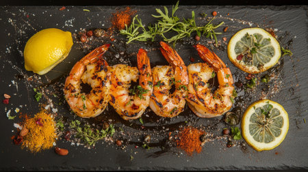 This appetizing display features grilled shrimp served with lemon slices and fresh herbs on a rustic slate board, perfect for gourmet dining.の素材