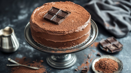 A sumptuous chocolate cake topped with cocoa powder and dark chocolate. Ideal for dessert tables, celebrations, or special occasions, this cake is a true delight.の素材