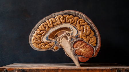 An anatomical model of the human brain showcasing intricate details and structures. Ideal for educational purposes, medical illustration, and scientific study.の素材