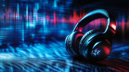 A stylish pair of headphones sits against a dynamic background of colorful sound waves, showcasing a modern audio experience in vibrant neon hues.の素材