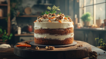 A beautiful carrot cake featuring layers of cream cheese frosting, walnuts, and fresh decorations. Perfectly captured in a rustic kitchen setting, it's ideal for any celebration.の素材