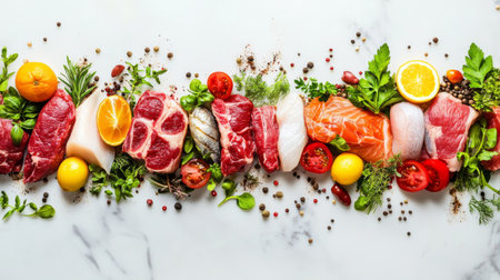 A stunning display of fresh meats and vibrant herbs on a marble surface, showcasing a variety of ingredients perfect for culinary creations and healthy meals.の素材