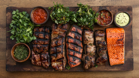 A vibrant display of grilled meats including steak and salmon, accompanied by fresh herbs and sauces. Perfect for food enthusiasts and culinary professionals.の素材