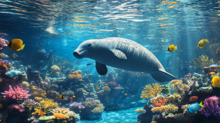 A magnificent underwater scene featuring a gentle manatee gliding through a colorful coral reef, surrounded by vibrant fish and marine life, showcasing the beauty of ocean biodiversity.の素材