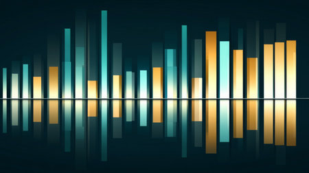 Vibrant abstract design showcasing colorful sound waveforms reflected on a sleek dark background, emphasizing energy and rhythmic patterns in audio visualization.の素材