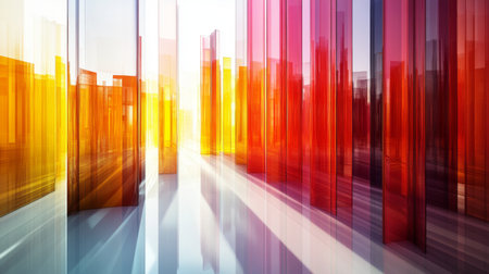 Vivid abstract glass structures create a luminous atmosphere, featuring warm colors illuminated by sunlight. The dynamic arrangement evokes creativity and modern design.の素材