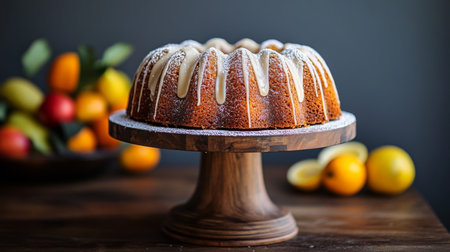 A beautifully crafted bundt cake topped with creamy icing sits on a wooden stand, surrounded by fresh fruits, evoking feelings of celebration and indulgence.の素材