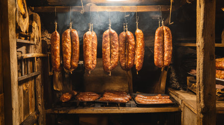 A captivating scene showcasing the traditional technique of meat preservation with various sausages hanging in a smokehouse, emanating rich flavors.の素材