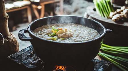 A rustic pot of traditional soup simmers gently on a cozy stovetop, releasing steam and inviting aromas. Perfect for conveying warmth and comfort in culinary settings.の素材