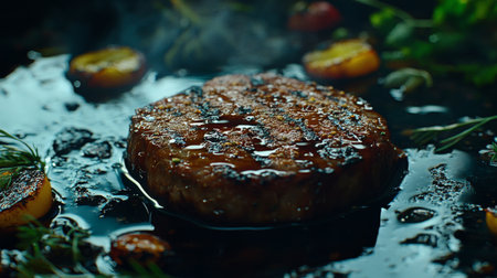 A beautifully grilled steak surrounded by fresh herbs and seasonal vegetables. The perfect dish for a flavorful dinner or special occasion.の素材