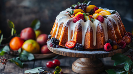 A stunning bundt cake adorned with vibrant fruits and a creamy glaze, perfect for festive gatherings. This dessert showcases delicious berries and a rustic charm.の素材