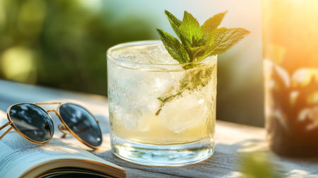 Enjoy a refreshing mint cocktail with ice, perfectly captured in a sunlit outdoor setting. Ideal for summer vibes and relaxation moments.の素材