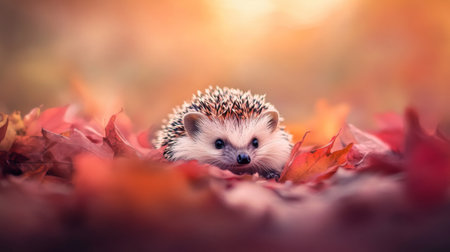 A charming hedgehog rests quietly among a blanket of vibrant autumn leaves. This enchanting scene captures the essence of wildlife and seasonal beauty.の素材
