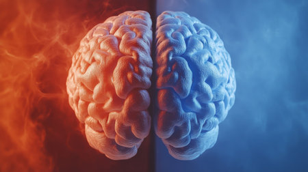 This striking image features a brain split into two vibrant colors, symbolizing the balance between creativity and logic. Ideal for various projects.の素材