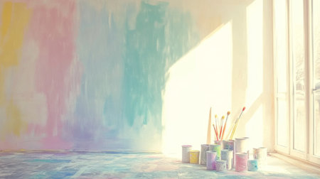 A serene artist workspace featuring pastel-colored walls, brushes, and paint cans. Sunlight streams through large windows, creating a vibrant and inviting atmosphere.の素材