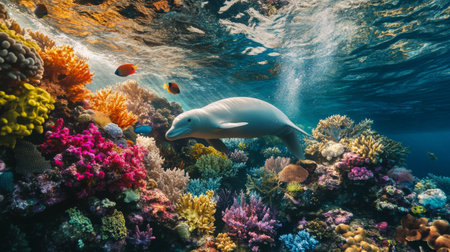 A stunning underwater scene showcasing a dolphin swimming gracefully among vibrant coral reefs, bright fish, and crystal-clear water.の素材
