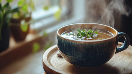A steaming bowl of soup garnished with fresh herbs sits on a wooden surface, evoking warmth and comfort in a cozy kitchen setting perfect for winter.の素材