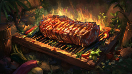 A close-up of a succulent grilled meat on a barbecue, surrounded by fresh vegetables and flames, capturing the essence of outdoor cooking and delicious flavors.の素材