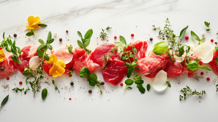 A beautiful arrangement of fresh meat garnished with vibrant herbs and edible flowers. Perfect for gourmet presentations and culinary inspirations.の素材